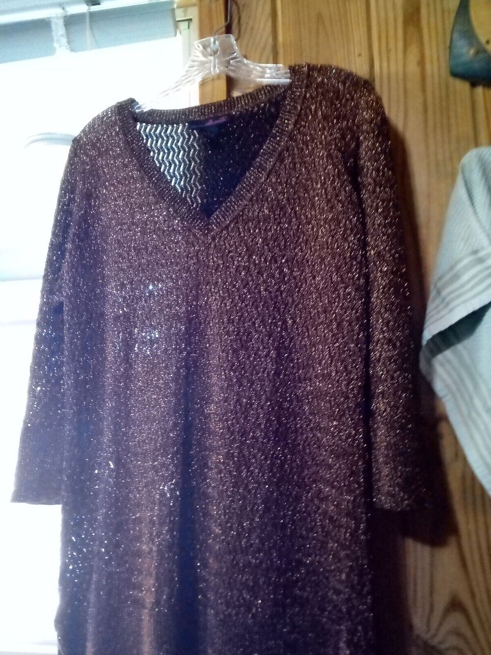 Willi Smith Womens XL Black Gold Metallic Knit Sweater V-Neck 3/4 Sleeve Rayon